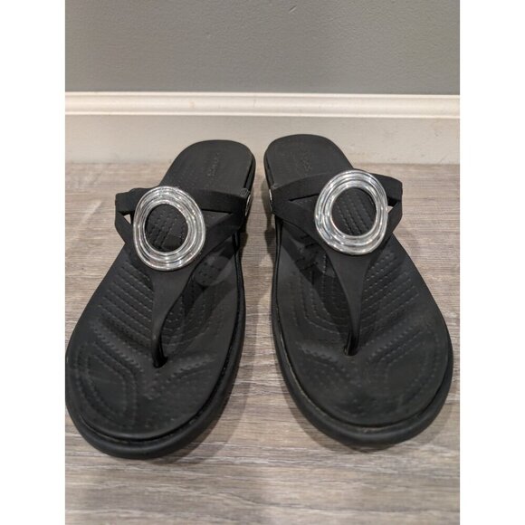 Crocs Black Sanrah Beveled Circle Low Wedge Flip Flop Thong Sandal Shoe Size 11 - Picture 16 of 16